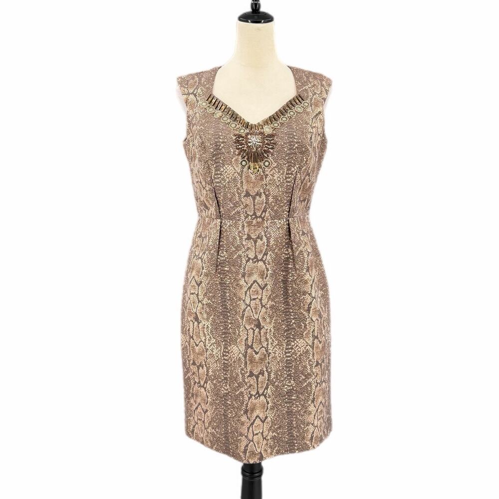 Antonio Melani Tan Metallic Snakeskin Embellished Beaded Tailored Sheath Dress